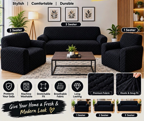 Black solid fabric sofa cover - sofa,